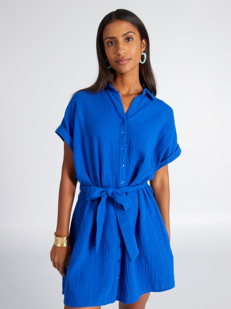 Vestido camisero de doble gasa de algodón AZUL - Kiabi