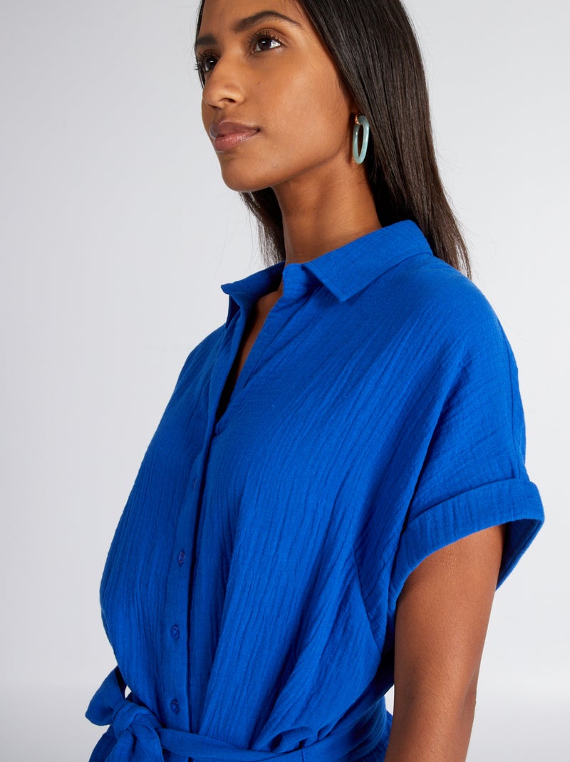 Vestido camisero de doble gasa de algodón AZUL - Kiabi