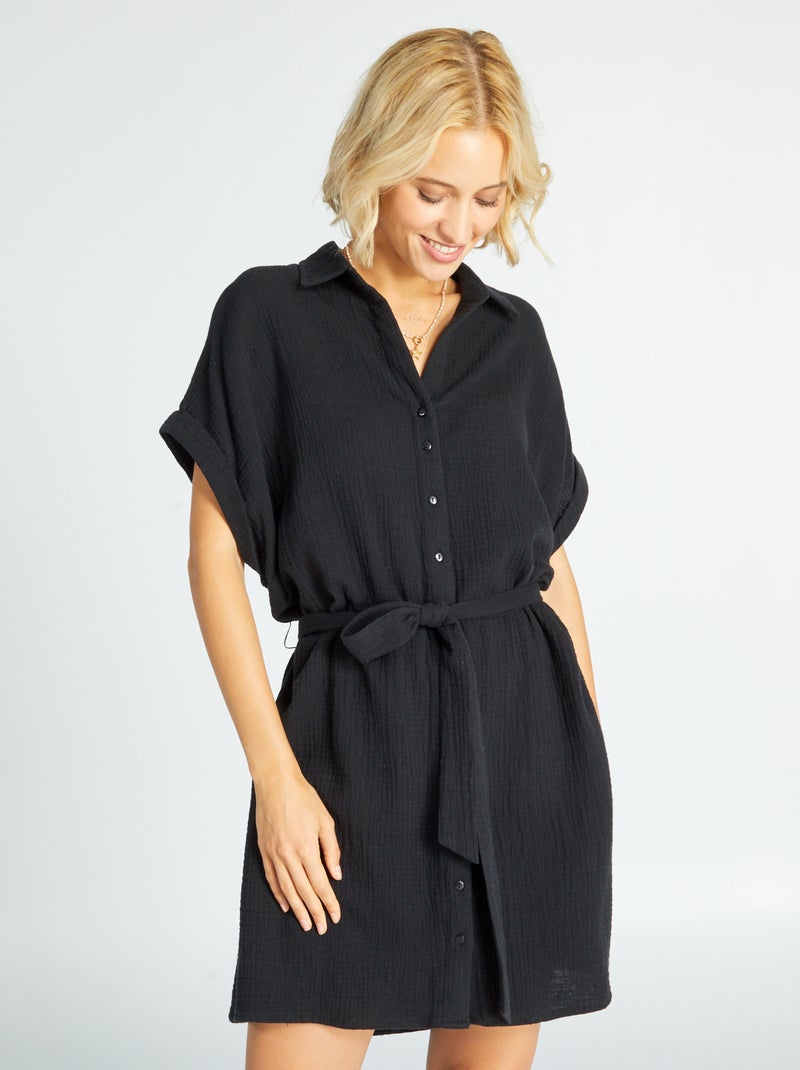 Gasa Robe Vestido camisero de doble gasa de algodón - Negro - 20.00€ - Kiabi