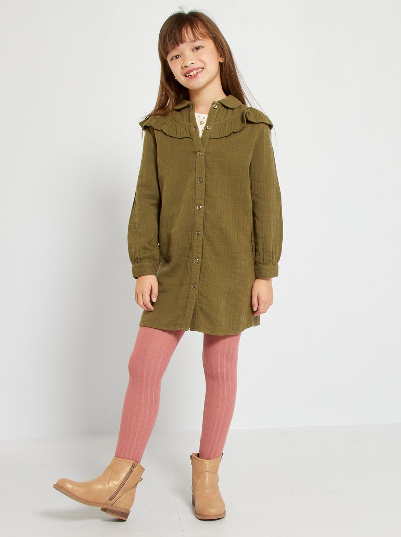 Vestido camisero de gasa de algodón con volante caqui - Kiabi