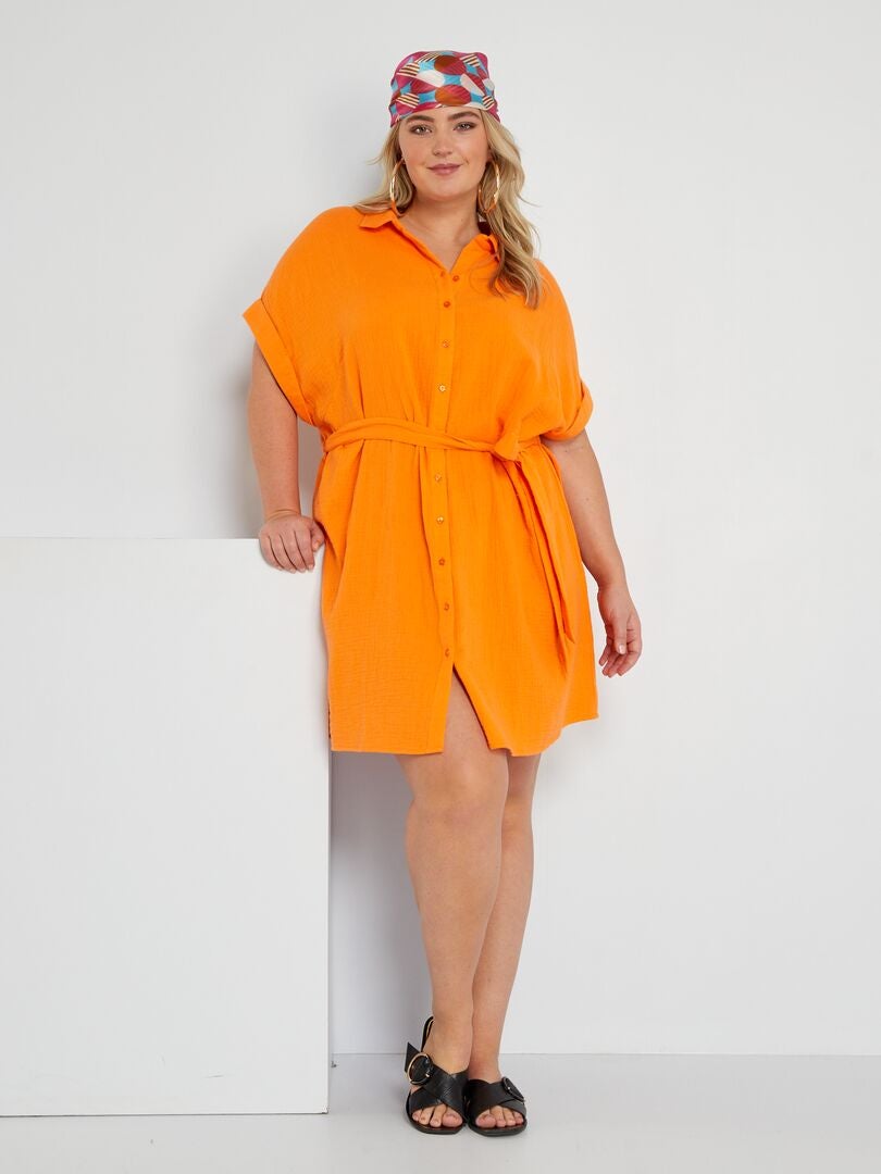 Vestido camisero de gasa de algodón Naranja - Kiabi