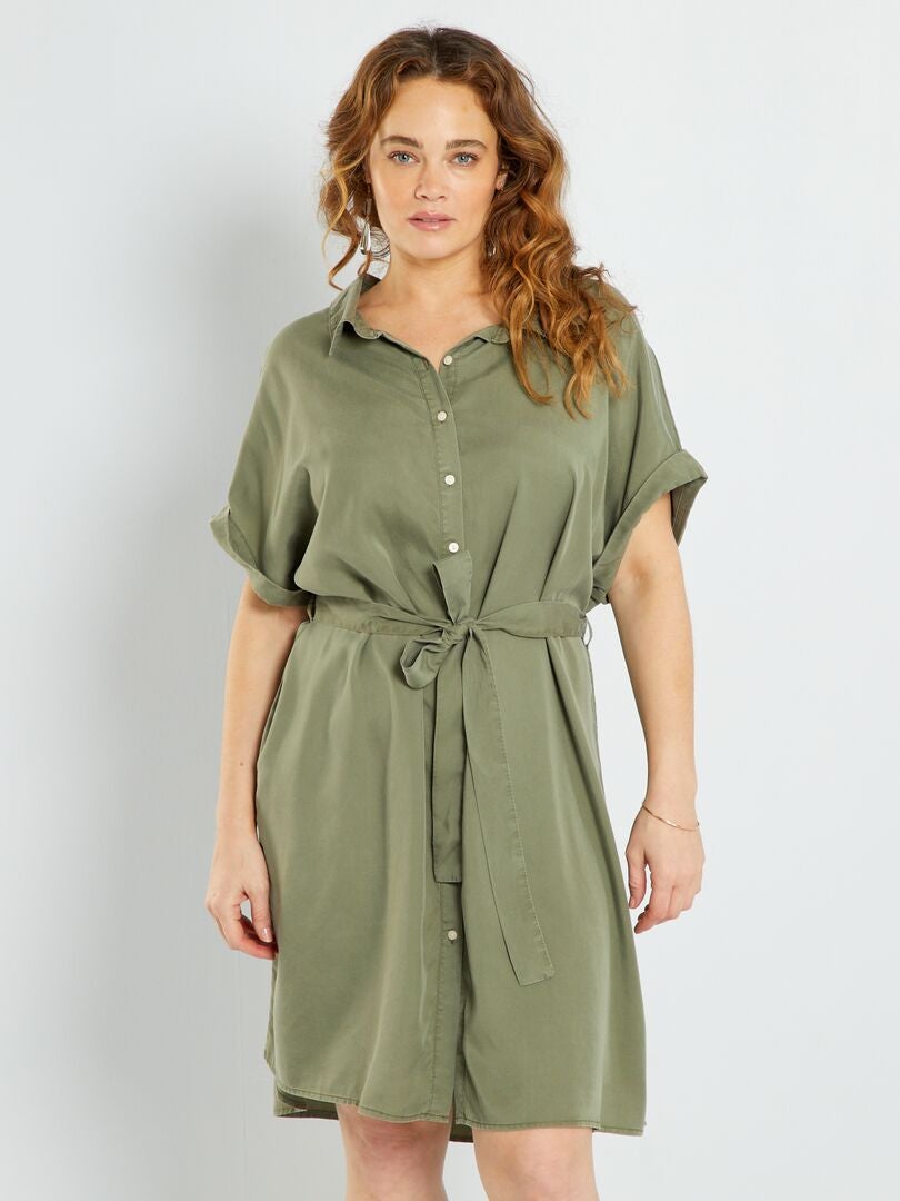 Vestido camisero de lyocell verde liquen - Kiabi