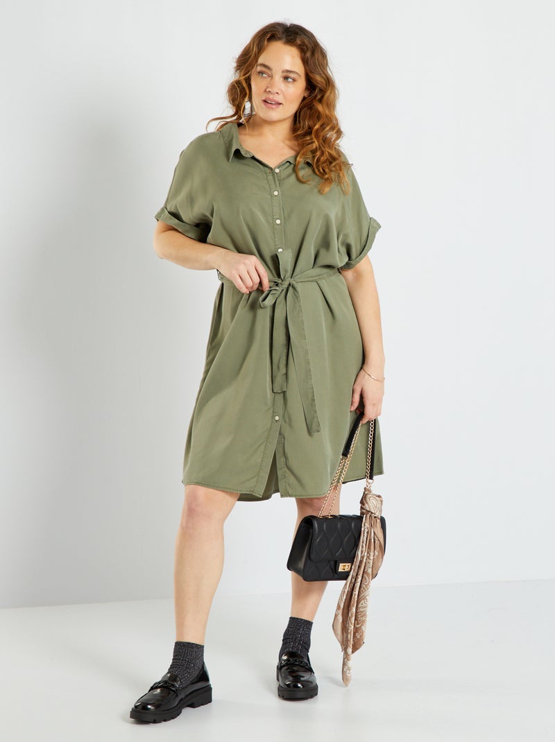 Vestido camisero de lyocell verde liquen - Kiabi