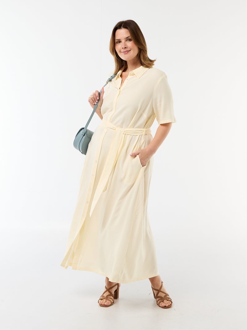 Vestido camisero de manga corta con cinturón Amarillo - Kiabi
