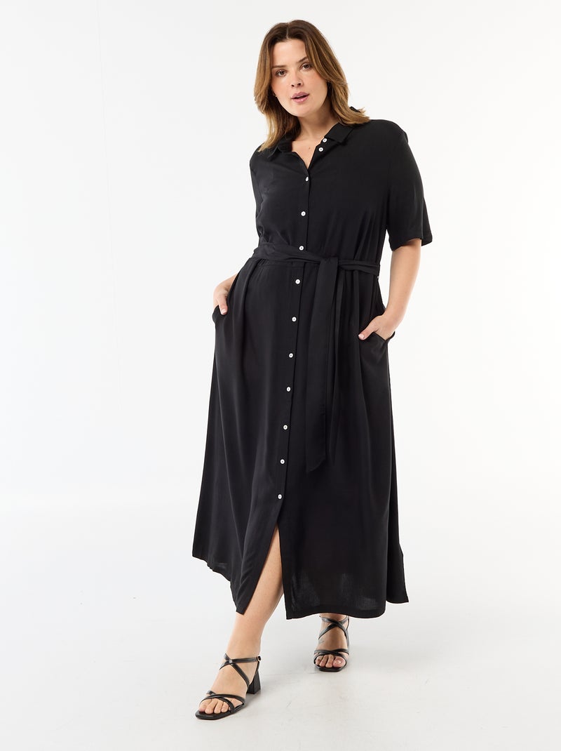 Vestido camisero de manga corta con cinturón Negro - Kiabi