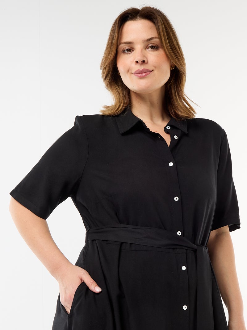 Vestido camisero de manga corta con cinturón Negro - Kiabi