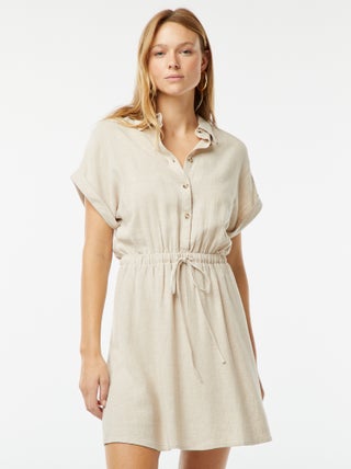 Vestido camisero de manga corta de mezcla de lino