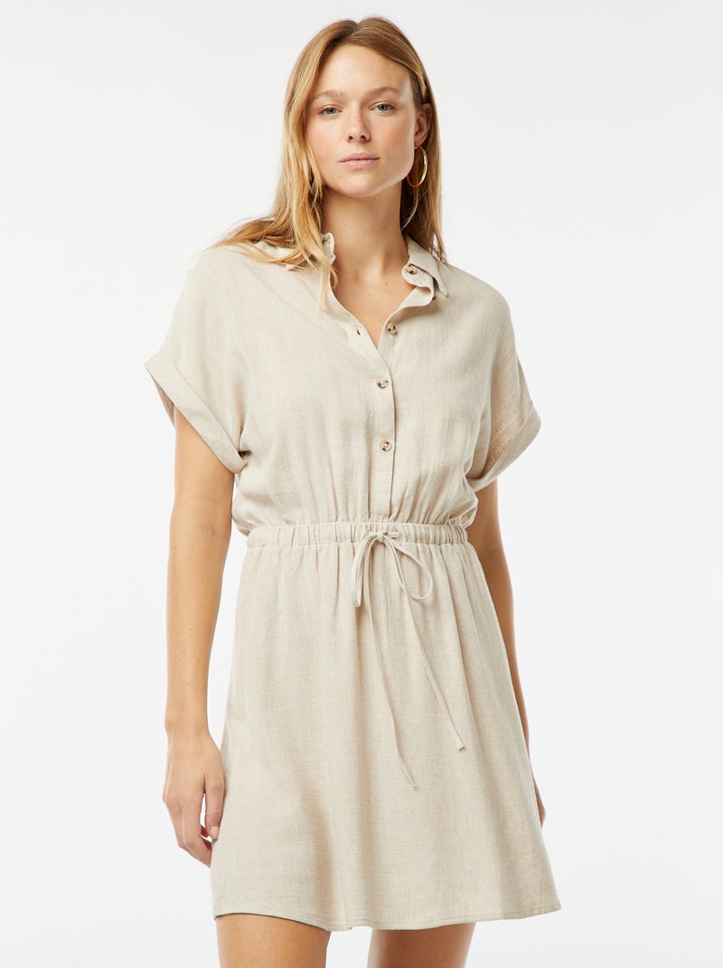 Vestido camisero de manga corta de mezcla de lino Blanco - Kiabi