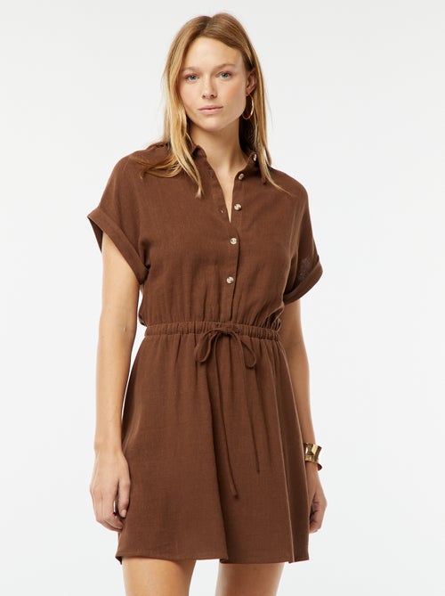Vestido camisero de manga corta de mezcla de lino - Kiabi