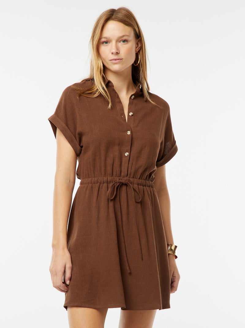 Vestido camisero de manga corta de mezcla de lino Marron - Kiabi