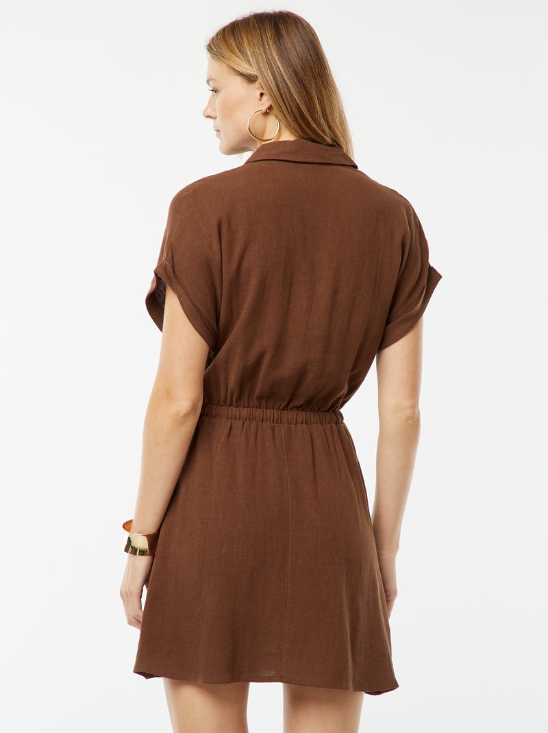 Vestido camisero de manga corta de mezcla de lino Marron - Kiabi