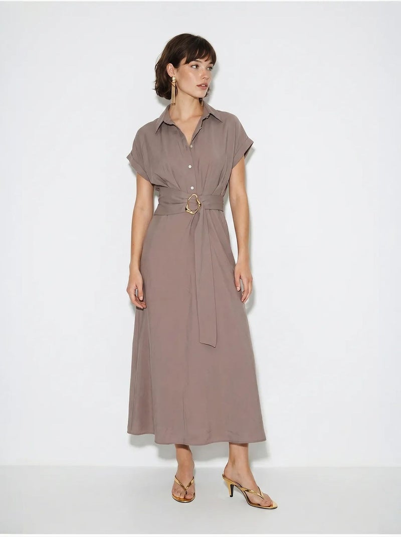 Vestido camisero de popelina con cinturón lucci Malva - Kiabi
