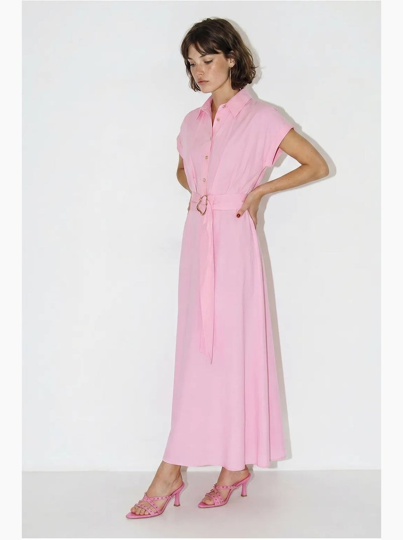 Vestido camisero de popelina con cinturón lucci Rosa - Kiabi