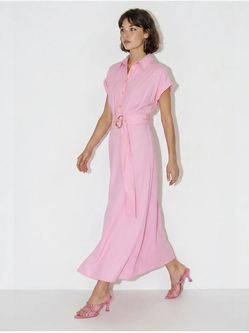 Vestido camisero de popelina con cinturón lucci Rosa - Kiabi