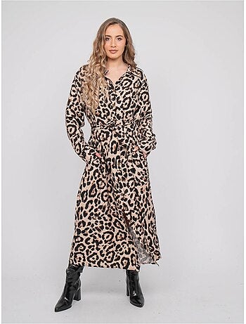 Vestido camisero largo con estampado de leopardo y cinturón para anudar ivoriaz