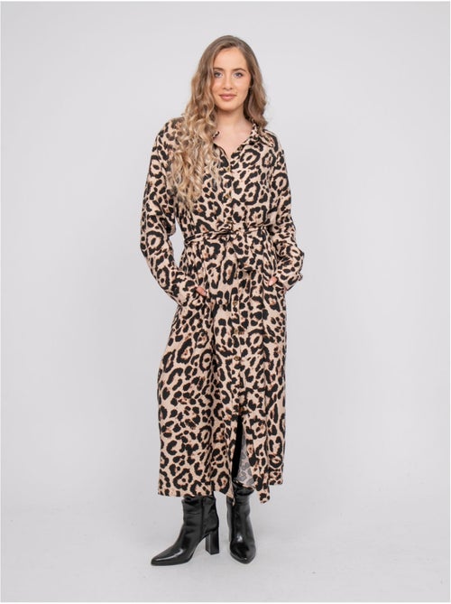 Vestido camisero largo con estampado de leopardo y cinturón para anudar ivoriaz - Kiabi Vestido camisero largo con estampado de leopardo y cinturón para anudar ivoriaz - Kiabi