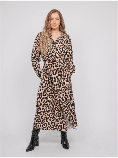 Vestido camisero largo con estampado de leopardo y cinturón para anudar ivoriaz - Kiabi Vestido camisero largo con estampado de leopardo y cinturón para anudar ivoriaz - Kiabi
