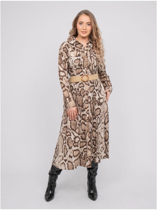 Vestido camisero largo con estampado de pitón e hilos dorados ipova - Kiabi Vestido camisero largo con estampado de pitón e hilos dorados ipova - Kiabi