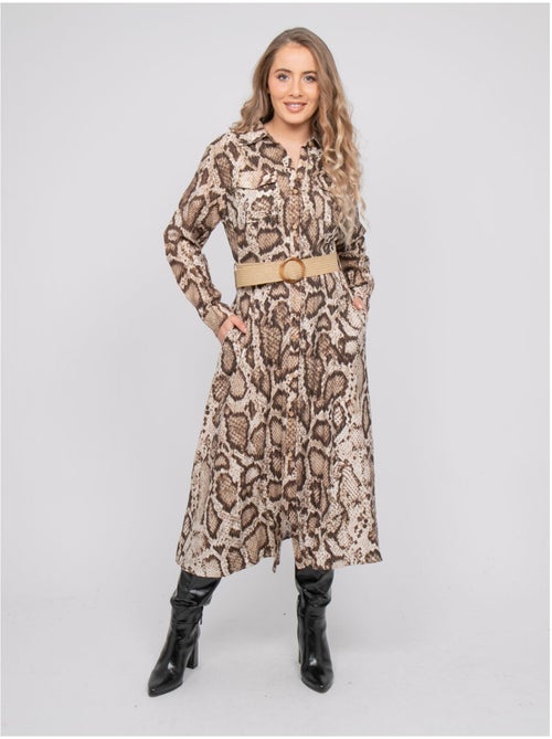 Vestido camisero largo con estampado de pitón e hilos dorados ipova - Kiabi Vestido camisero largo con estampado de pitón e hilos dorados ipova - Kiabi