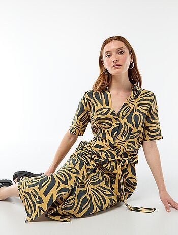 Vestido camisero largo de manga corta en algodón y lino