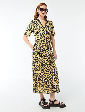 Vestido camisero largo de manga corta en algodón y lino