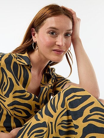 Vestido camisero largo de manga corta en algodón y lino