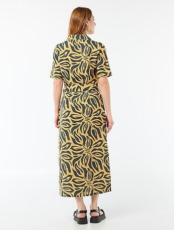 Vestido camisero largo de manga corta en algodón y lino