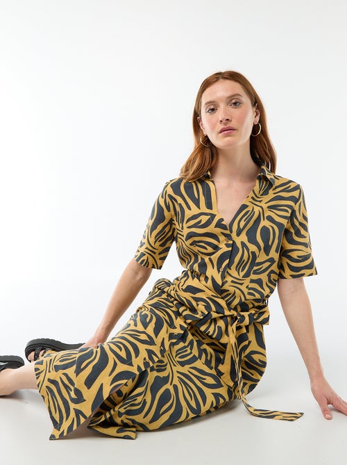 Vestido camisero largo de manga corta en algodón y lino - Kiabi