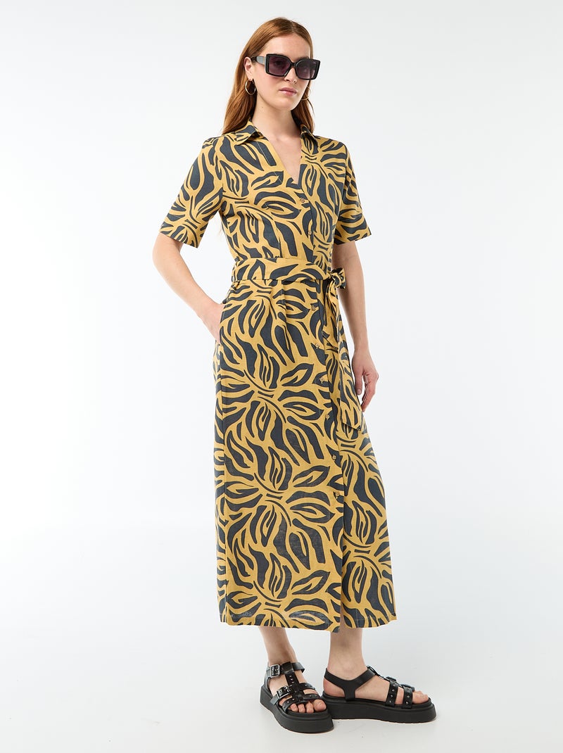 Vestido camisero largo de manga corta en algodón y lino Amarillo - Kiabi