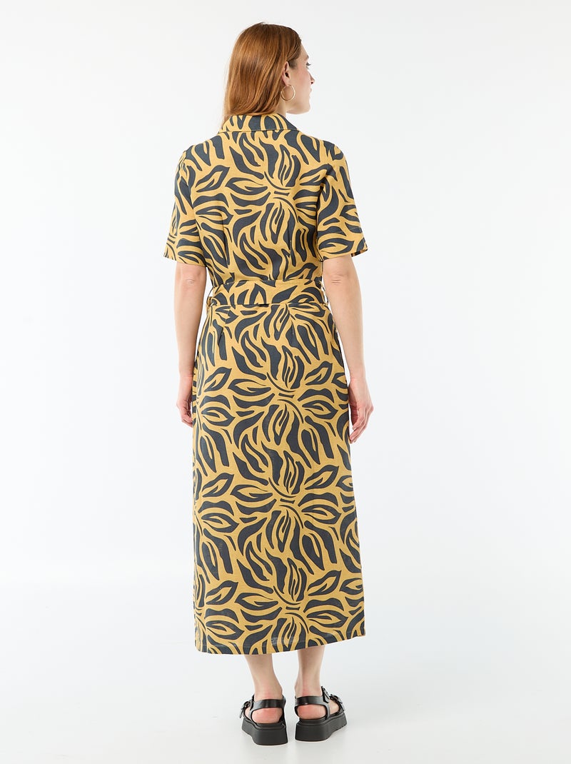 Vestido camisero largo de manga corta en algodón y lino Amarillo - Kiabi