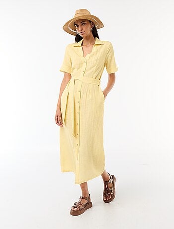 Vestido camisero largo de manga corta en algodón y lino