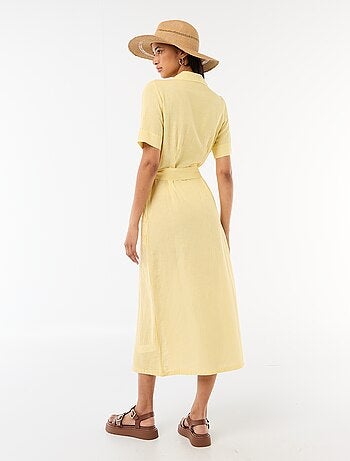 Vestido camisero largo de manga corta en algodón y lino