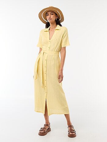 Vestido camisero largo de manga corta en algodón y lino