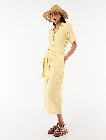 Vestido camisero largo de manga corta en algodón y lino