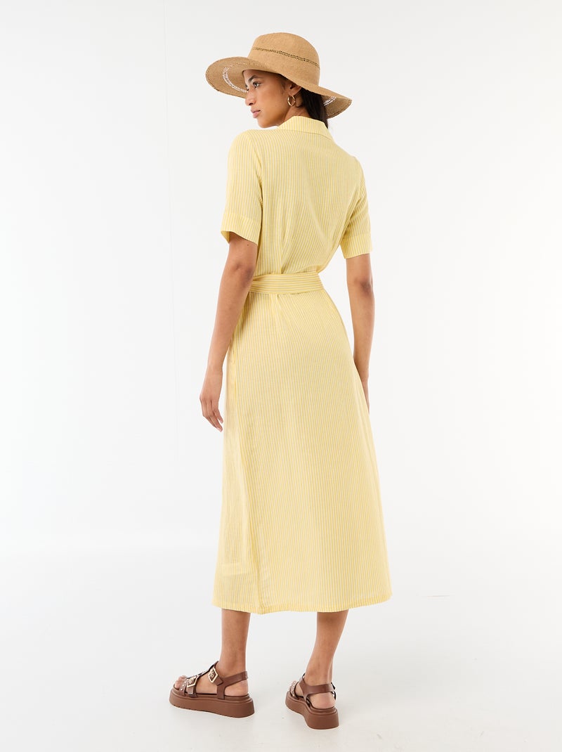 Vestido camisero largo de manga corta en algodón y lino Amarillo - Kiabi