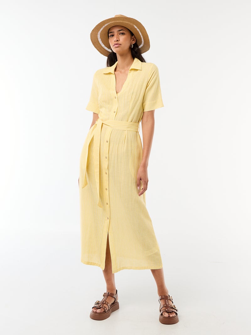 Vestido camisero largo de manga corta en algodón y lino Amarillo - Kiabi
