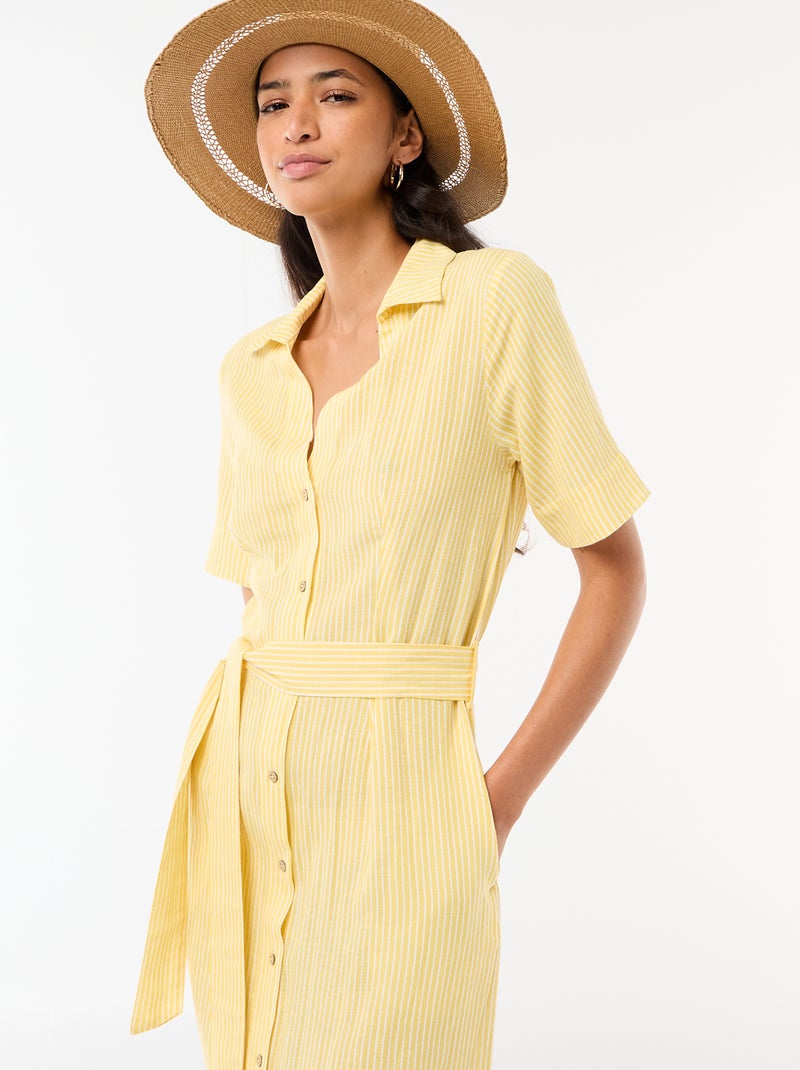 Vestido camisero largo de manga corta en algodón y lino Amarillo - Kiabi