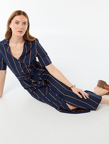 Vestido camisero largo de manga corta en algodón y lino