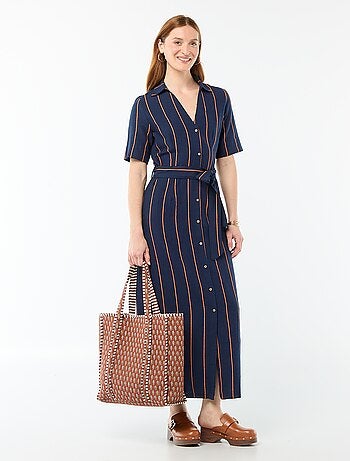 Vestido camisero largo de manga corta en algodón y lino