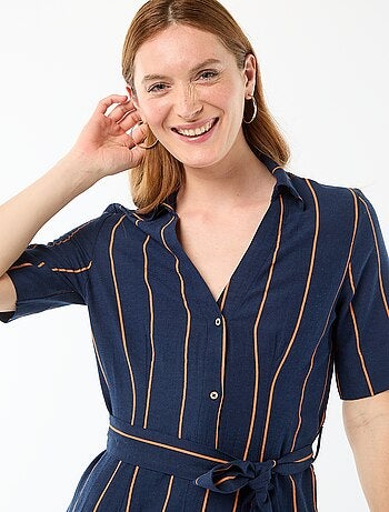 Vestido camisero largo de manga corta en algodón y lino