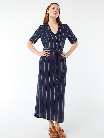 Vestido camisero largo de manga corta en algodón y lino