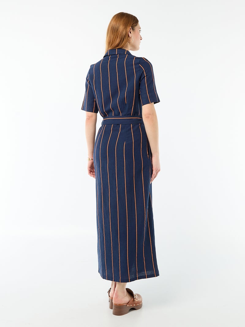 Vestido camisero largo de manga corta en algodón y lino Azul - Kiabi