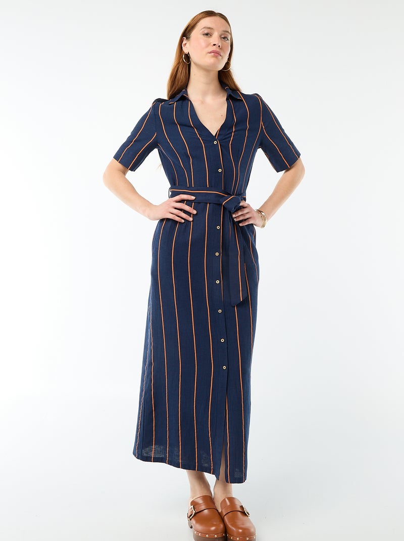 Vestido camisero largo de manga corta en algodón y lino Azul - Kiabi