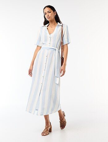 Vestido camisero largo de manga corta en algodón y lino