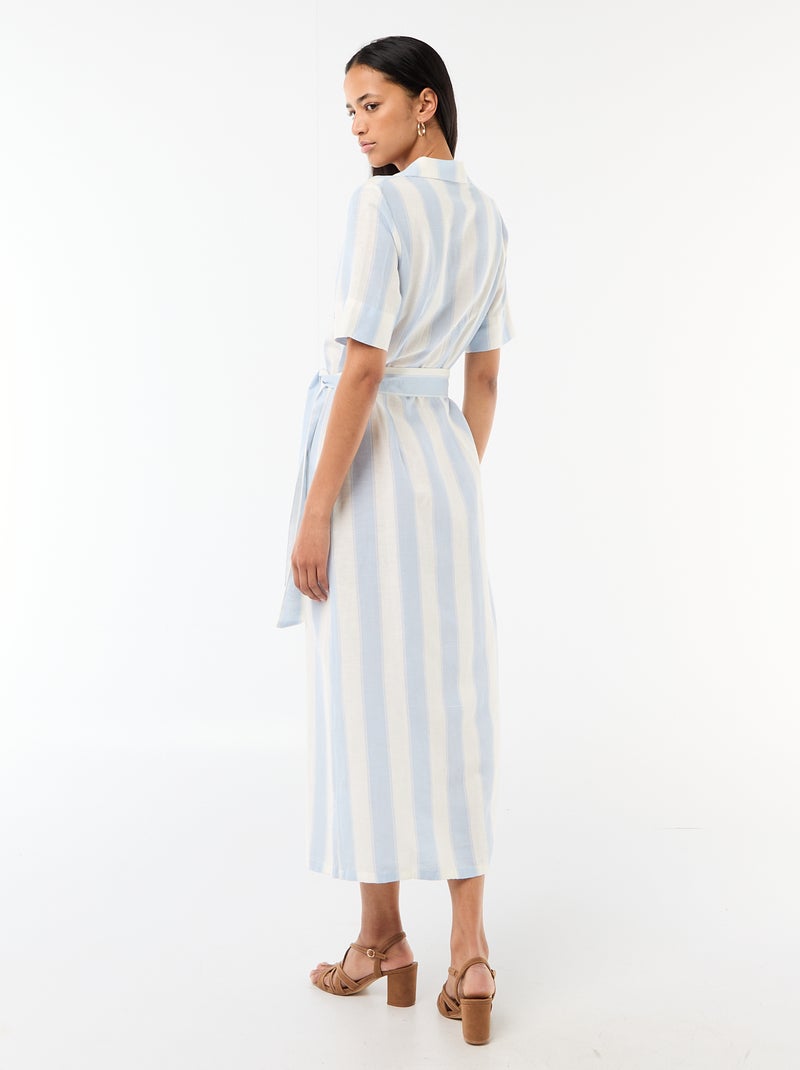 Vestido camisero largo de manga corta en algodón y lino Azul - Kiabi