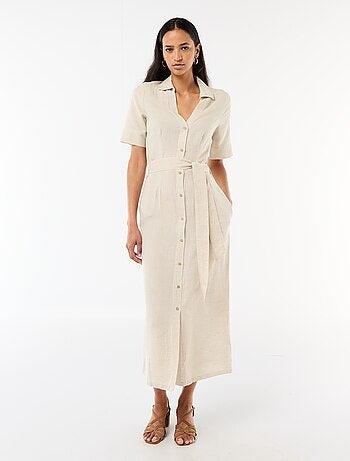 Vestido camisero largo de manga corta en algodón y lino