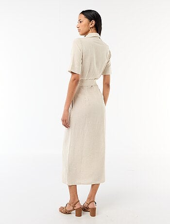 Vestido camisero largo de manga corta en algodón y lino