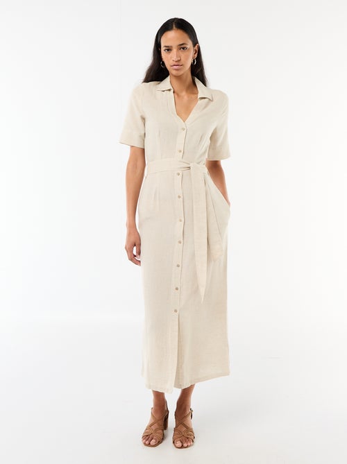 Vestido camisero largo de manga corta en algodón y lino - Kiabi