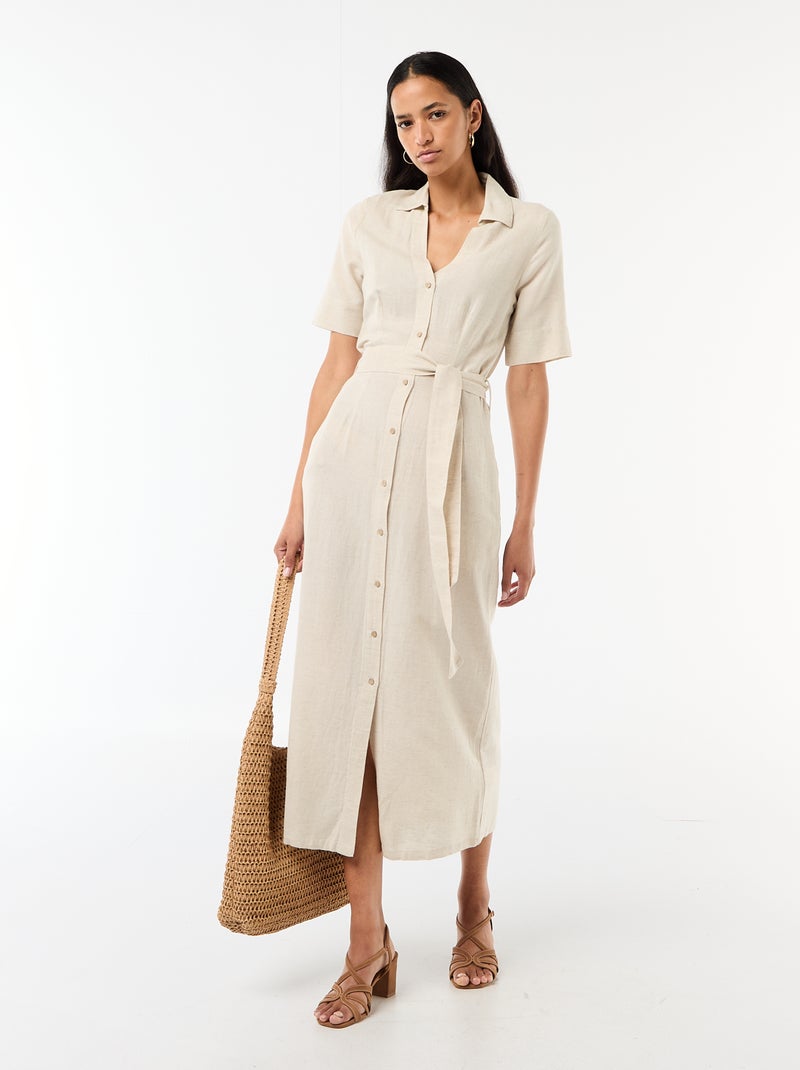 Vestido camisero largo de manga corta en algodón y lino Beige - Kiabi
