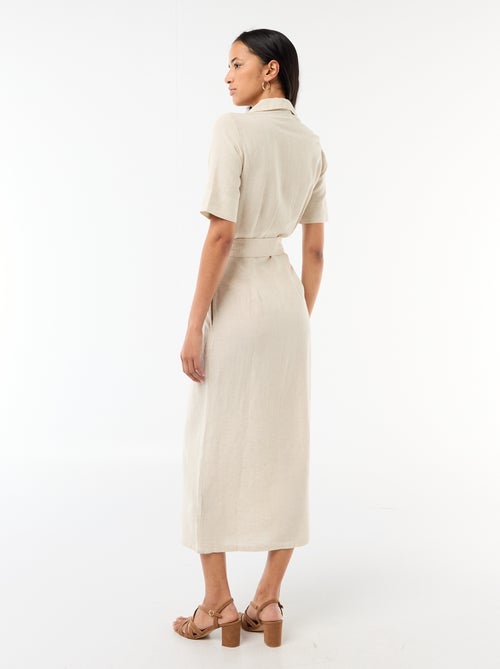 Vestido camisero largo de manga corta en algodón y lino - Kiabi